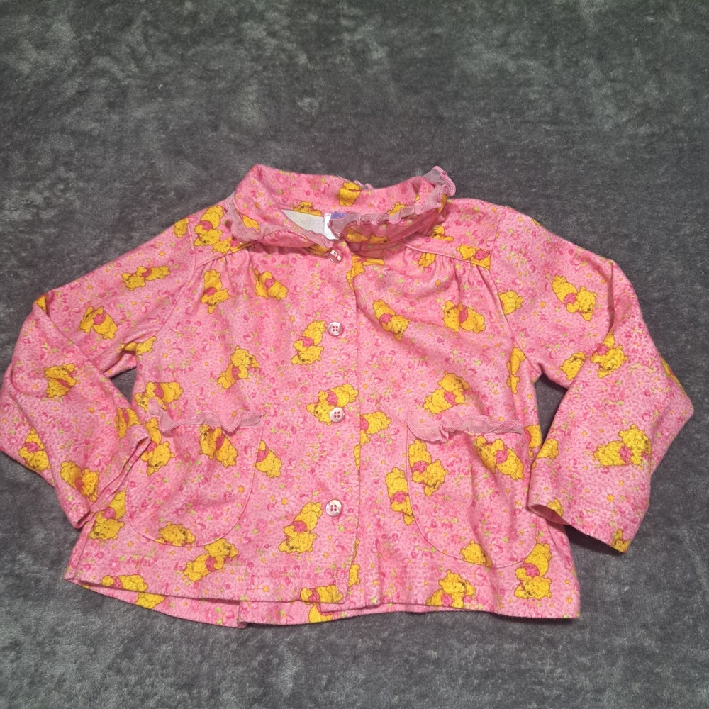 Disney Winnie the Pooh Pink Fleece Button Up Pajama Top 2T Ruffle Trim Sleepwear